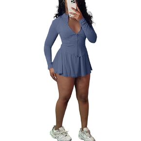 2 Piece Skirt Set for Women 2025 Long Sleeve Zipper Up Jacket and Pleated Mini Dress Short Sets Tracksuit