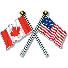 Crossed Poles USA & Canada Waving Flags Sticker (American Candian Flag Decals Vinyl for Cars, Trucks, Laptops (3 x 5 inch)