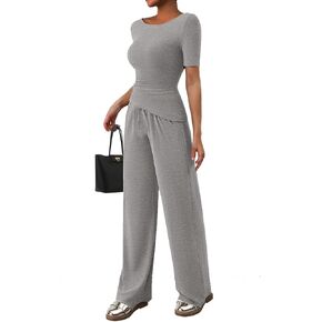 Asymmetrical women's 2 piece lounge sets short sleeve Outfits Comfy Loungewear Wide Leg Pants Casual summer Matching