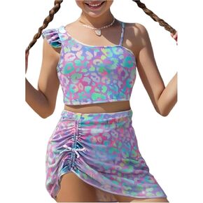 SweatyRocks Girl's Ruffle Leopard Print Swimsuit Asymmetrical 3 Piece Bathing Suit with Beach Skirt