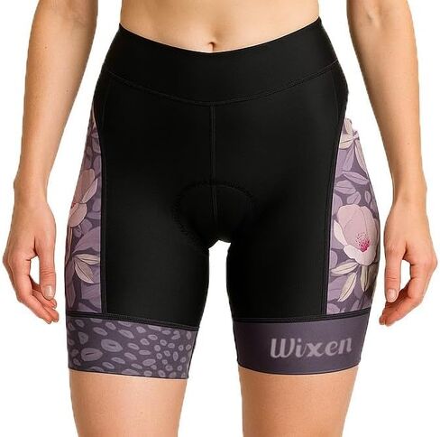 Wixen Women's 4D Padded Cycling Shorts with Pockets – High Waist, Moisture-Wicking Bike Underwear Shorts for Road Biking and Spinning – Floral_Violet – S in Kuwait