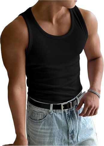 RoseSeek Men's Summer Tank Top Scoop Neck Knit Gym Workout Muscle Tank Undershirt Sleeveless Shirts in Kuwait
