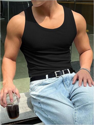 RoseSeek Men's Summer Tank Top Scoop Neck Knit Gym Workout Muscle Tank Undershirt Sleeveless Shirts in Kuwait