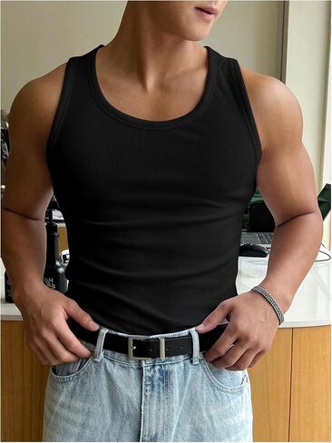 RoseSeek Men's Summer Tank Top Scoop Neck Knit Gym Workout Muscle Tank Undershirt Sleeveless Shirts in Kuwait