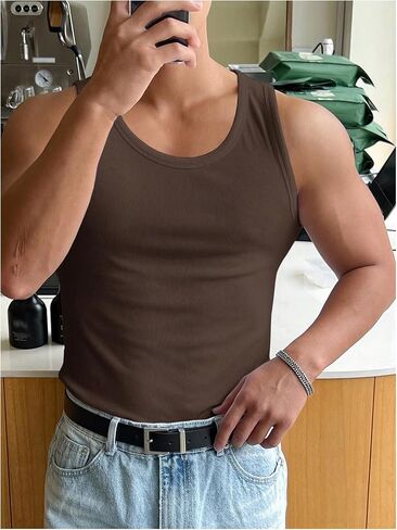 RoseSeek Men's Summer Tank Top Scoop Neck Knit Gym Workout Muscle Tank Undershirt Sleeveless Shirts in Kuwait