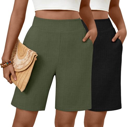 Huukaey 2 Pack Women Linen Shorts Summer عرض عريض على الساق مرنة الحزام بيرمودا مع جيوب in Kuwait