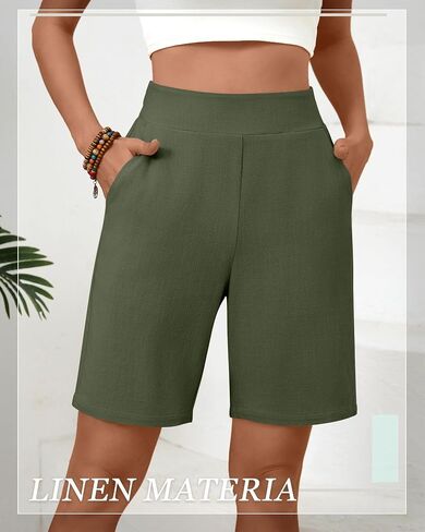 Huukaey 2 Pack Women Linen Shorts Summer عرض عريض على الساق مرنة الحزام بيرمودا مع جيوب in Kuwait