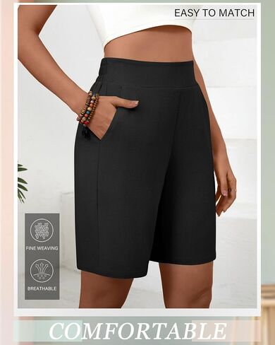 Huukaey 2 Pack Women Linen Shorts Summer عرض عريض على الساق مرنة الحزام بيرمودا مع جيوب in Kuwait