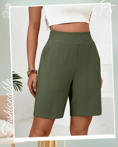 Huukaey 2 Pack Women Linen Shorts Summer عرض عريض على الساق مرنة الحزام بيرمودا مع جيوب in Kuwait
