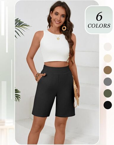 Huukaey 2 Pack Women Linen Shorts Summer عرض عريض على الساق مرنة الحزام بيرمودا مع جيوب in Kuwait
