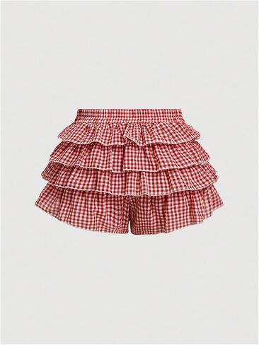 Verdusa Women's Plus Size Y2K Gingham Plaid Mini Shorts Tiered Tierded Slugled Shorts in Kuwait