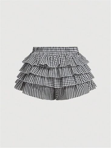 Verdusa Women's Plus Size Y2K Gingham Plaid Mini Shorts Tiered Tierded Slugled Shorts in Kuwait