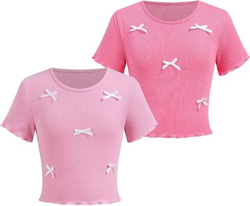 Girl's 2 Pack Bowknot Ribbed T Shirt Short Sleeve Crew Neck Slim Fit Tee Tops in Saudi Arabia