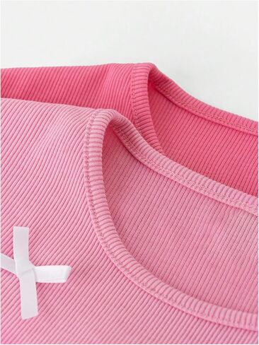 Girl's 2 Pack Bowknot Ribbed T Shirt Short Sleeve Crew Neck Slim Fit Tee Tops in Saudi Arabia