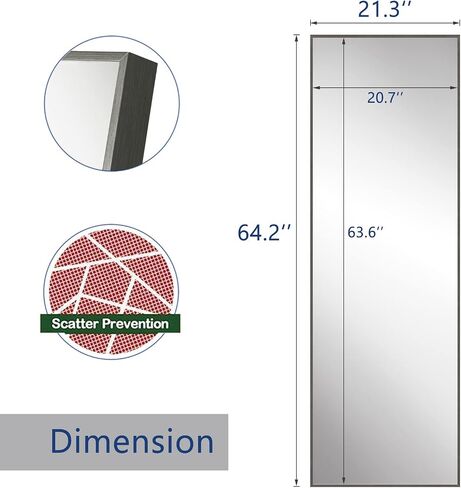 HA Large Full Length Floor Mirror 64''x21'' for Bedroom, Dressing Mirror Full Body Free Standing or Wall-Mounted (Grey) in Saudi Arabia