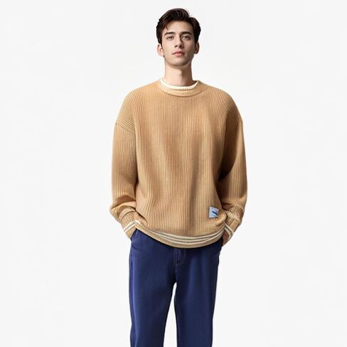 Men Colorblocked Crewneck Sweater Baggy Knitted Pullover Jumper Unisex Casual Textured Sweater Tops in Saudi Arabia