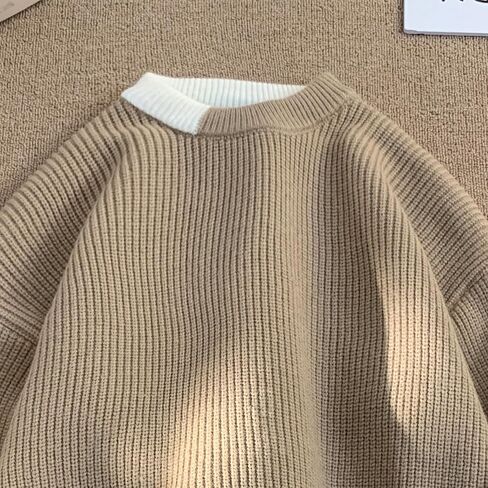 Men Colorblocked Crewneck Sweater Baggy Knitted Pullover Jumper Unisex Casual Textured Sweater Tops in Saudi Arabia