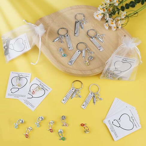 20 Sets Nurse Thank You Appreciation Gifts 20 Nurse Keychains 20 Stethoscope Pins 20 Thank You Cards 20 Organza Bags, Bulk Cute Stethoscope Brooch Pins for Nurse Teacher Colleague Appreciation Gifts in Saudi Arabia