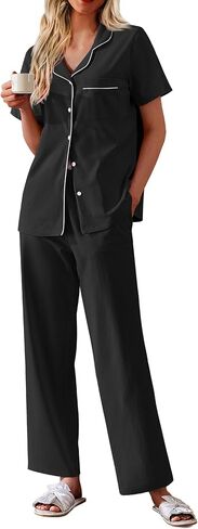 Ekouaer Women's Cotton Pajamas مجموعة قصيرة الأكمام لأسفل PJS 2 قطعة ملابس ناعمة مع مجموعة صالة طويلة السراويل in Saudi Arabia