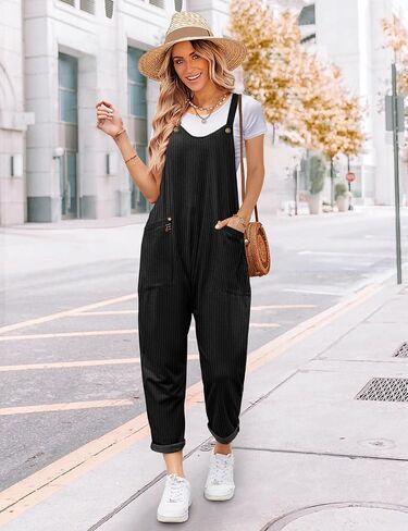 YESNO Women's Corduroy V Neck Harem Jumpsuits Adjustable Straps Casual Loose Overalls Rompers with Pockets PCU in Saudi Arabia