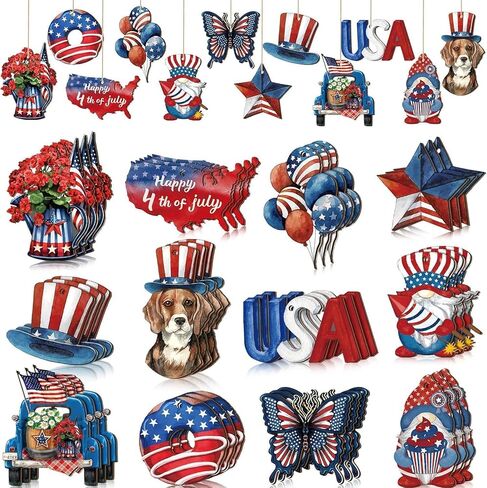 24 Pcs 4th of July Patriotic Ornaments for Tree Wooden Memorial Day Decorations Red White Blue Hanging Ornament America Star Gnome Wood Cutout Independence Day Decor for Home Tree (Patriotic) in Kuwait