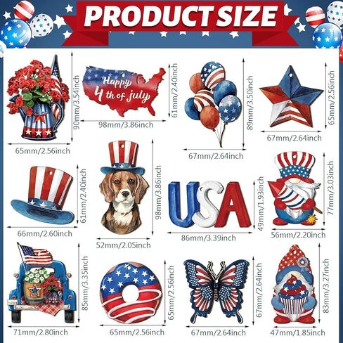 24 Pcs 4th of July Patriotic Ornaments for Tree Wooden Memorial Day Decorations Red White Blue Hanging Ornament America Star Gnome Wood Cutout Independence Day Decor for Home Tree (Patriotic) in Kuwait