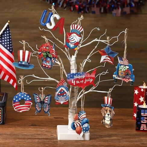 24 Pcs 4th of July Patriotic Ornaments for Tree Wooden Memorial Day Decorations Red White Blue Hanging Ornament America Star Gnome Wood Cutout Independence Day Decor for Home Tree (Patriotic) in Kuwait