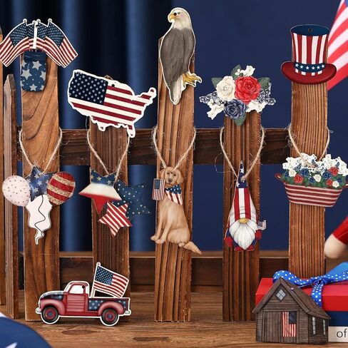 24 Pcs 4th of July Patriotic Ornaments for Tree Wooden Memorial Day Decorations Red White Blue Hanging Ornament America Star Gnome Wood Cutout Independence Day Decor for Home Tree (Patriotic) in Kuwait