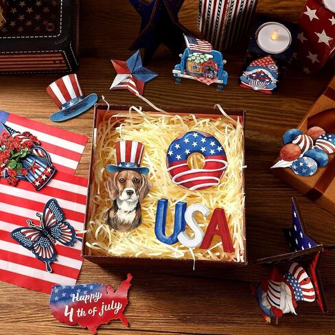 24 Pcs 4th of July Patriotic Ornaments for Tree Wooden Memorial Day Decorations Red White Blue Hanging Ornament America Star Gnome Wood Cutout Independence Day Decor for Home Tree (Patriotic) in Kuwait