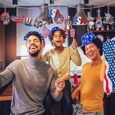 24 Pcs 4th of July Patriotic Ornaments for Tree Wooden Memorial Day Decorations Red White Blue Hanging Ornament America Star Gnome Wood Cutout Independence Day Decor for Home Tree (Patriotic) in Kuwait