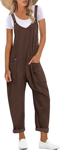 YESNO Women's Corduroy V Neck Harem Jumpsuits Adjustable Straps Casual Loose Overalls Rompers with Pockets PCU in Saudi Arabia