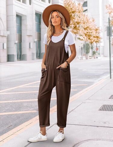 YESNO Women's Corduroy V Neck Harem Jumpsuits Adjustable Straps Casual Loose Overalls Rompers with Pockets PCU in Saudi Arabia