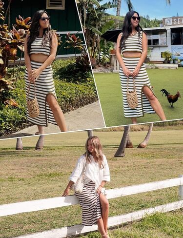 طقم سترة نسائي 2024 مكون من قطعتين مخطط ومتماسك بدون أكمام فستان رسن مثير بفتحة in Kuwait