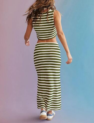 طقم سترة نسائي 2024 مكون من قطعتين مخطط ومتماسك بدون أكمام فستان رسن مثير بفتحة in Kuwait