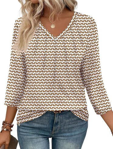 SAMPEEL 3/4 Length Sleeve Womens Tops Pleated V Neck Dressy Casual Blouses Summer Outfits Plus Size Spring Clothes in Saudi Arabia
