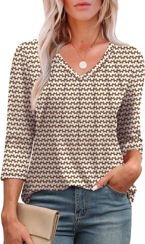 SAMPEEL 3/4 Length Sleeve Womens Tops Pleated V Neck Dressy Casual Blouses Summer Outfits Plus Size Spring Clothes in Saudi Arabia