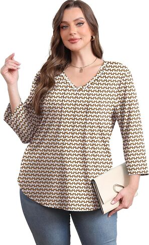 SAMPEEL 3/4 Length Sleeve Womens Tops Pleated V Neck Dressy Casual Blouses Summer Outfits Plus Size Spring Clothes in Saudi Arabia