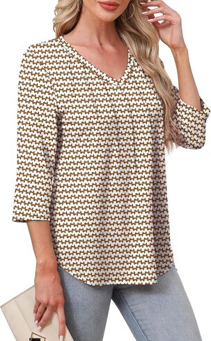 SAMPEEL 3/4 Length Sleeve Womens Tops Pleated V Neck Dressy Casual Blouses Summer Outfits Plus Size Spring Clothes in Saudi Arabia