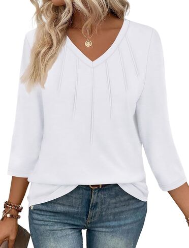 SAMPEEL 3/4 Length Sleeve Womens Tops Pleated V Neck Dressy Casual Blouses Summer Outfits Plus Size Spring Clothes in Saudi Arabia