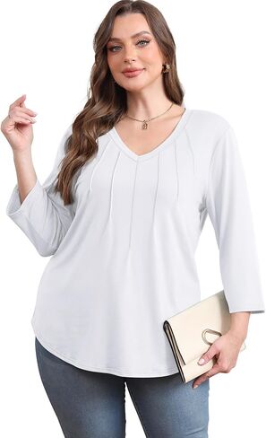 SAMPEEL 3/4 Length Sleeve Womens Tops Pleated V Neck Dressy Casual Blouses Summer Outfits Plus Size Spring Clothes in Saudi Arabia