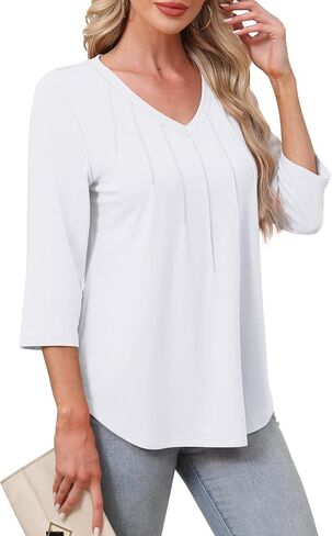 SAMPEEL 3/4 Length Sleeve Womens Tops Pleated V Neck Dressy Casual Blouses Summer Outfits Plus Size Spring Clothes in Saudi Arabia