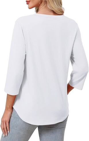 SAMPEEL 3/4 Length Sleeve Womens Tops Pleated V Neck Dressy Casual Blouses Summer Outfits Plus Size Spring Clothes in Saudi Arabia