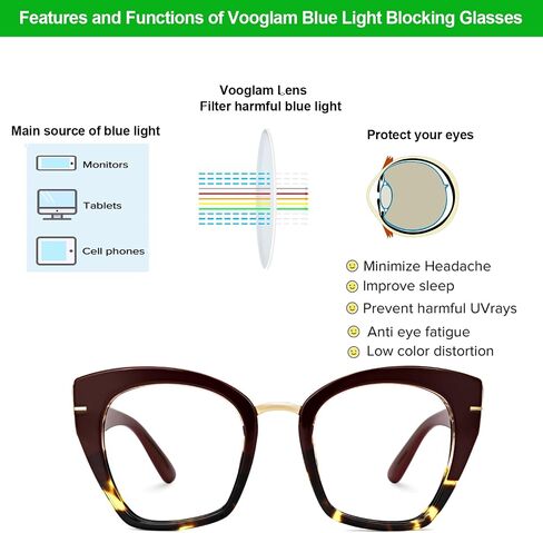 VOOGLAM Cat Eye Tortoise Blue Light Blocking Glasses for Women Oversized Stylish Eyewear Anti Eyestrain & UV Paulina VFP0255 in Saudi Arabia