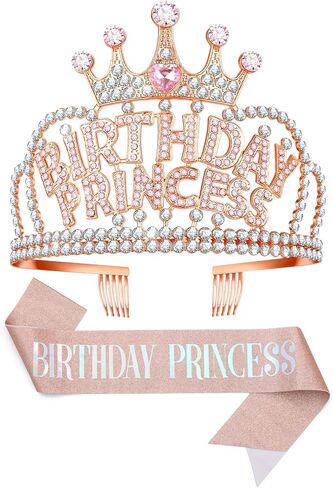 Birthday Tiara and Crown with Sash, Birthday Sash for Birthday Party (Rose) in Saudi Arabia