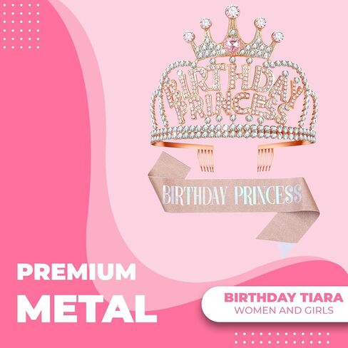Birthday Tiara and Crown with Sash, Birthday Sash for Birthday Party (Rose) in Saudi Arabia