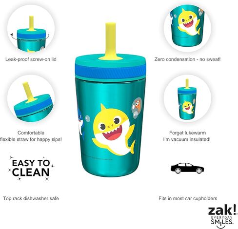 Zak Designs Baby Shark Kelso Tumbler Set, Leak-Proof Screw-On Lid with Straw, Bundle for Kids Includes Plastic and Stainless Steel Cups with Bonus Sipper (3pc Set, Non-BPA)15 fl oz. in Kuwait