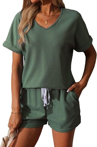 BARASA Women 2 Piece Outfits Sets Summer Casual Waffle Knit Set V Neck Top Elastic Waist Shorts with Pockets D668 in Saudi Arabia