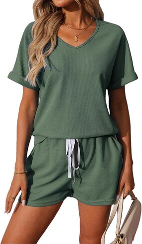 BARASA Women 2 Piece Outfits Sets Summer Casual Waffle Knit Set V Neck Top Elastic Waist Shorts with Pockets D668 in Saudi Arabia