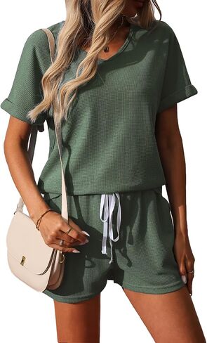 BARASA Women 2 Piece Outfits Sets Summer Casual Waffle Knit Set V Neck Top Elastic Waist Shorts with Pockets D668 in Saudi Arabia