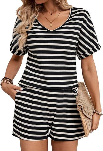 BARASA Women 2 Piece Outfits Sets Summer Casual Waffle Knit Set V Neck Top Elastic Waist Shorts with Pockets D668 in Saudi Arabia
